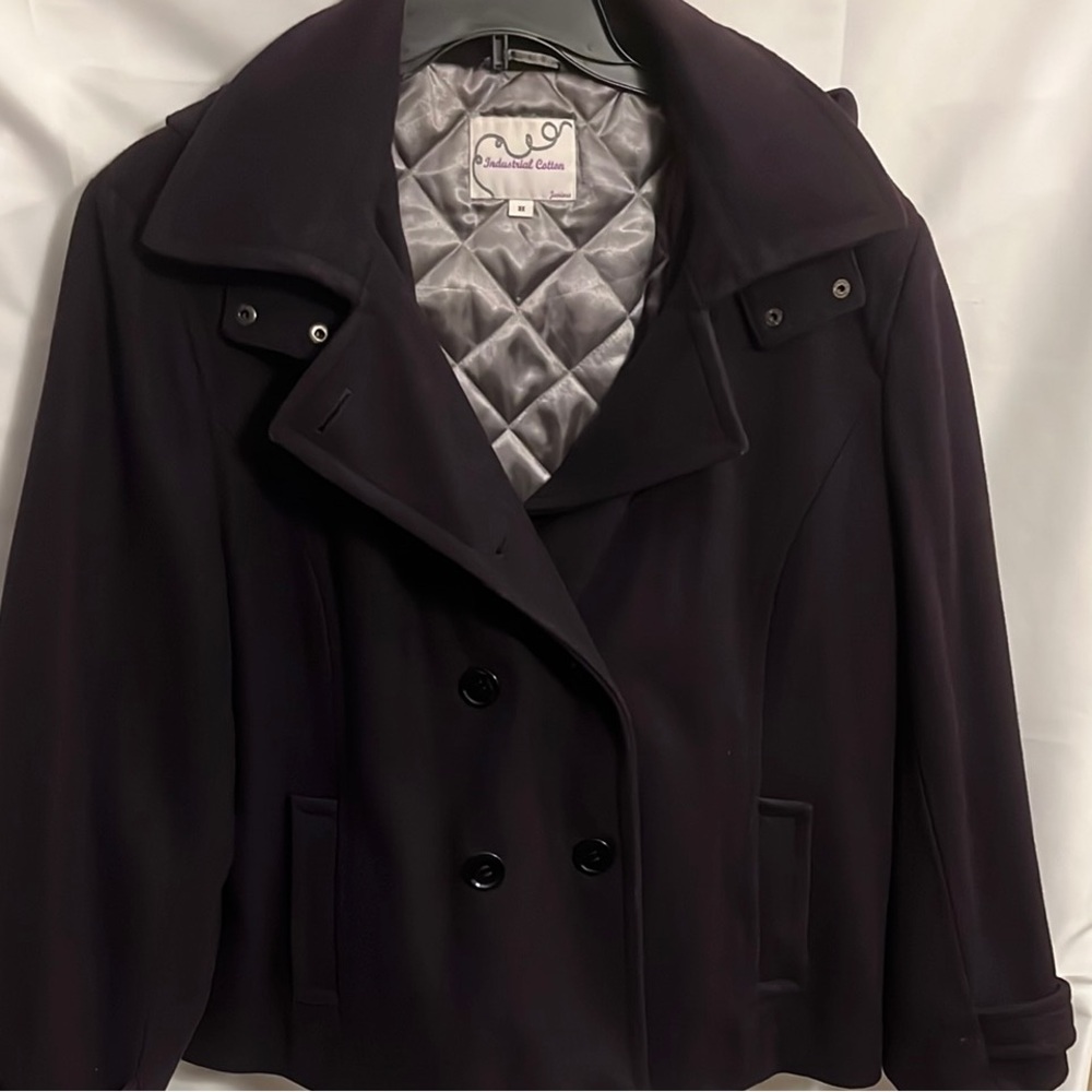 Stylish Dark Purple Double-Breasted PeaCoat with Silver Lining